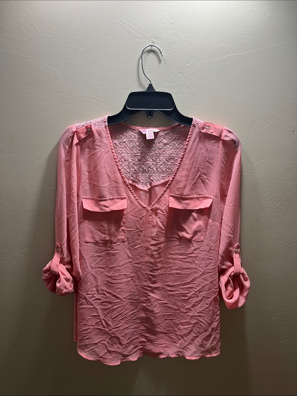 Candie's Coral Pink V-Neck Lace Yoke Roll-Tab Blouse